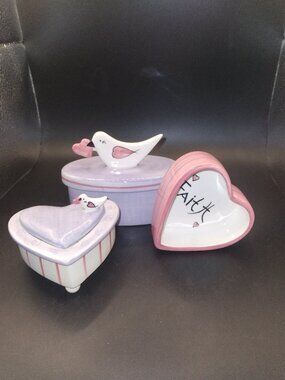 Russ Pottery Trinket Boxes Faith,Love Hearts and Doves set